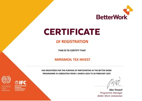 Скан сертификата: Better Work Uzbekistan